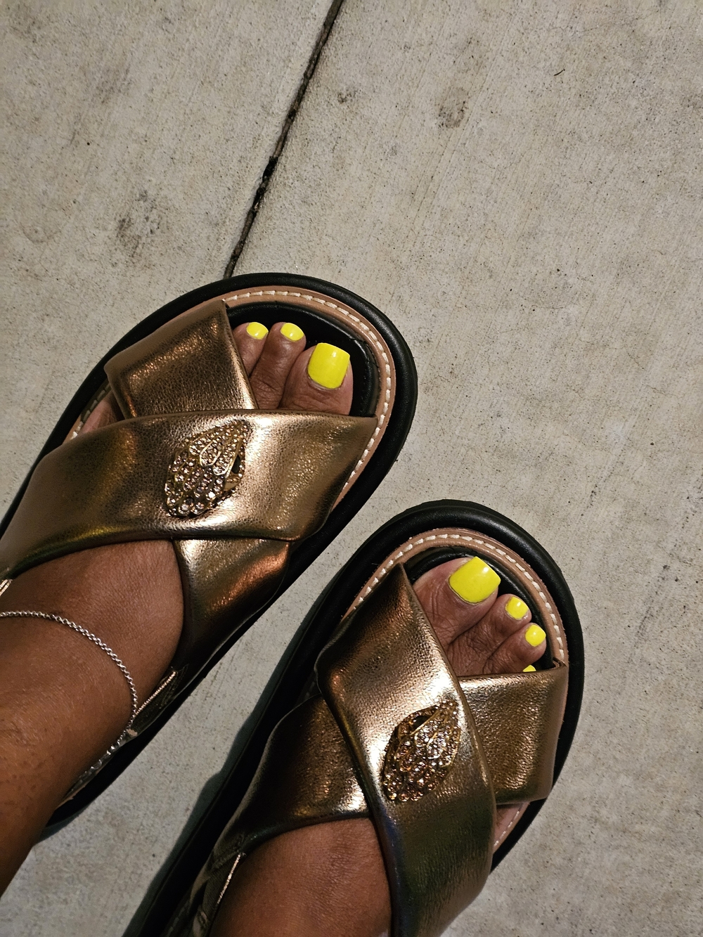 Kurt Geiger Metallic Bronze Cross-Strap Sandals with Crystal Emblem